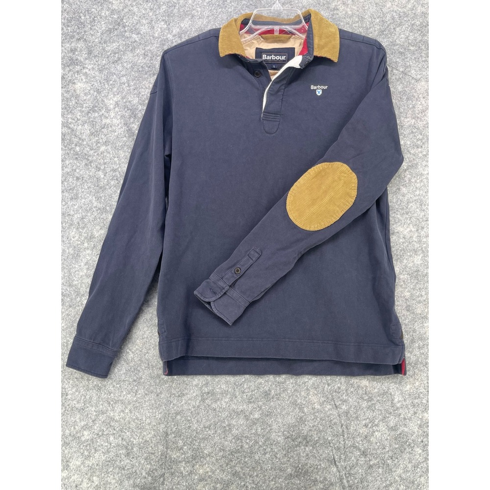 Barbour Rugby Polo Shirt Men Large Navy Blue Corduroy Collar Elbow Patch Preppy